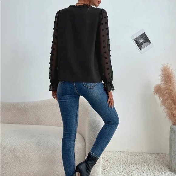 Black V neck Swiss dot sleeve blouse - Picture 2 of 5